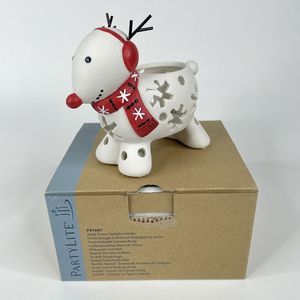 Partylite RUDY THE REINDEER White Ceramic & Snowflakes Red Scarf Votive Tealight